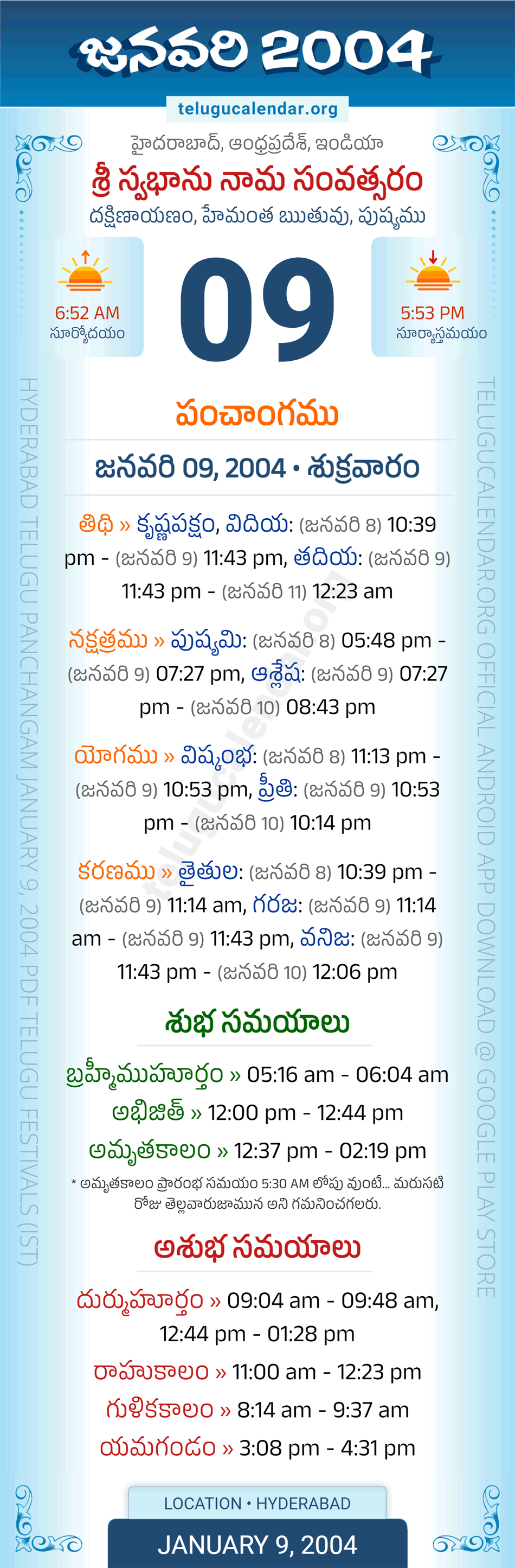 January 9, 2004 Telugu Calendar Panchangam Daily