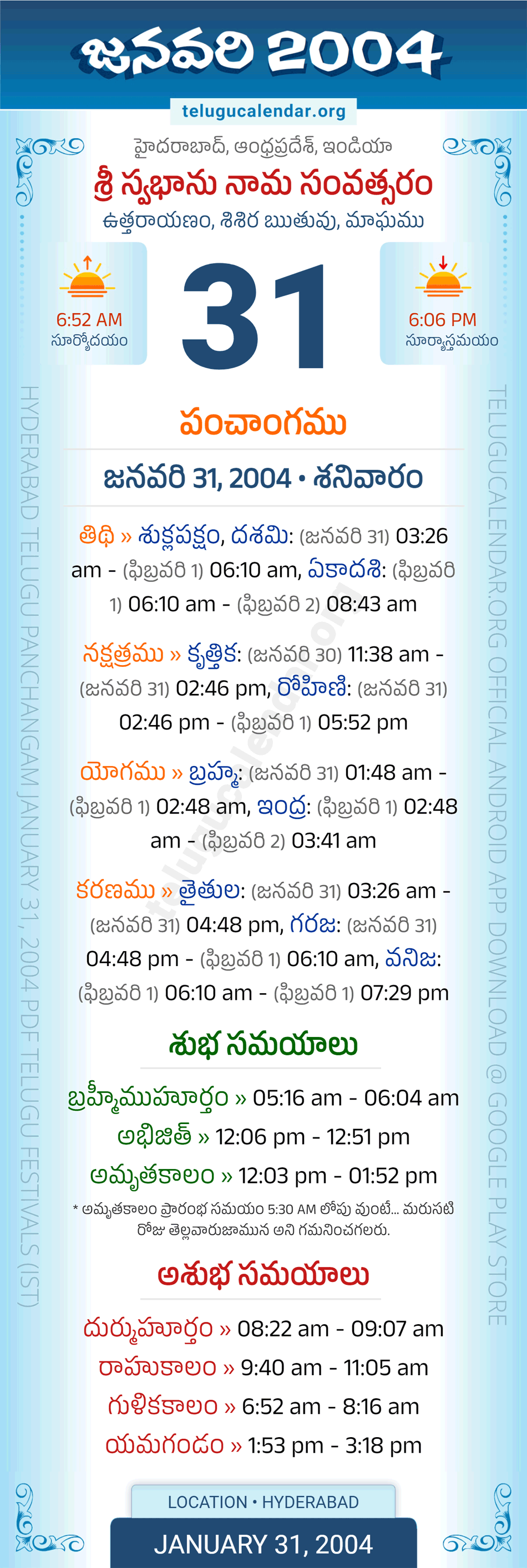 January 31, 2004 Telugu Calendar Panchangam Daily