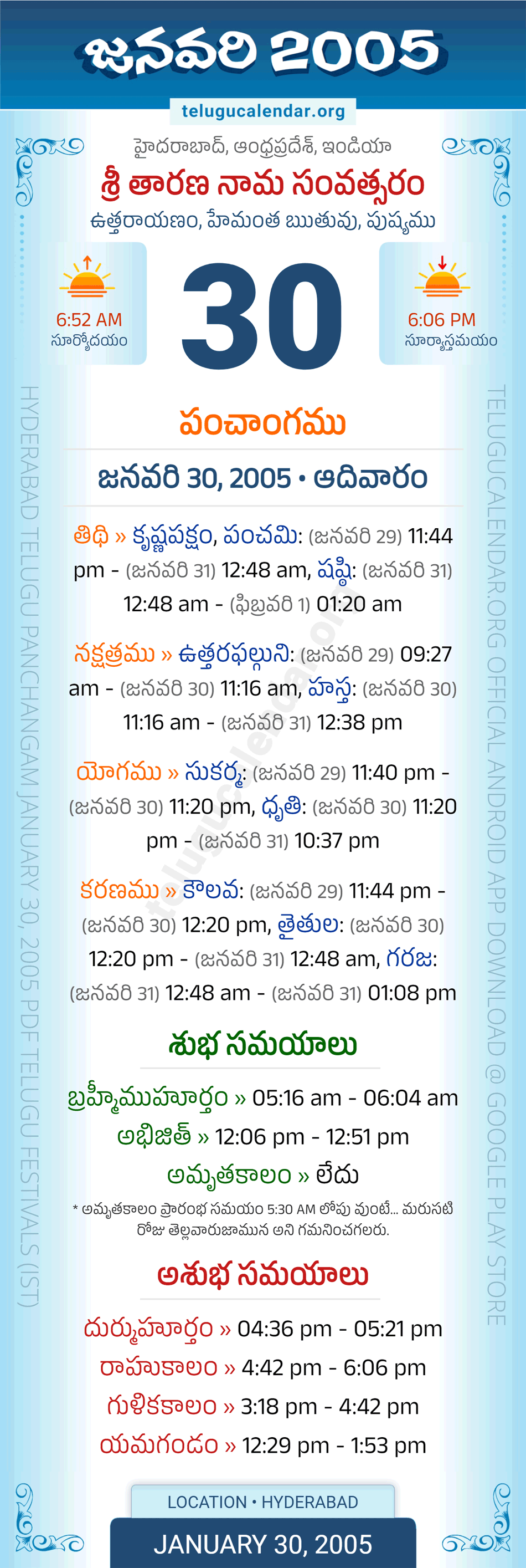 January 30, 2005 Telugu Calendar Panchangam Daily