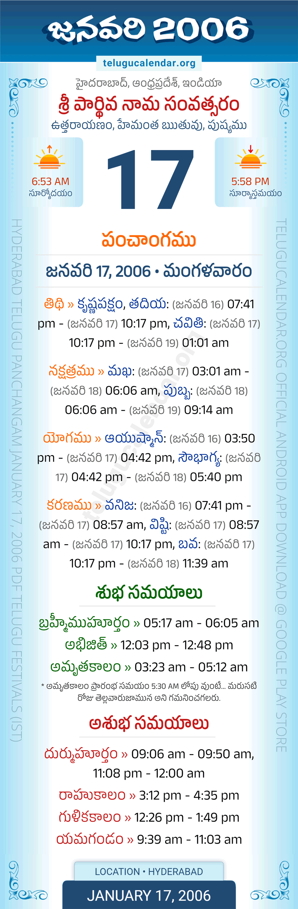 January 17, 2006 Telugu Calendar Panchangam Daily