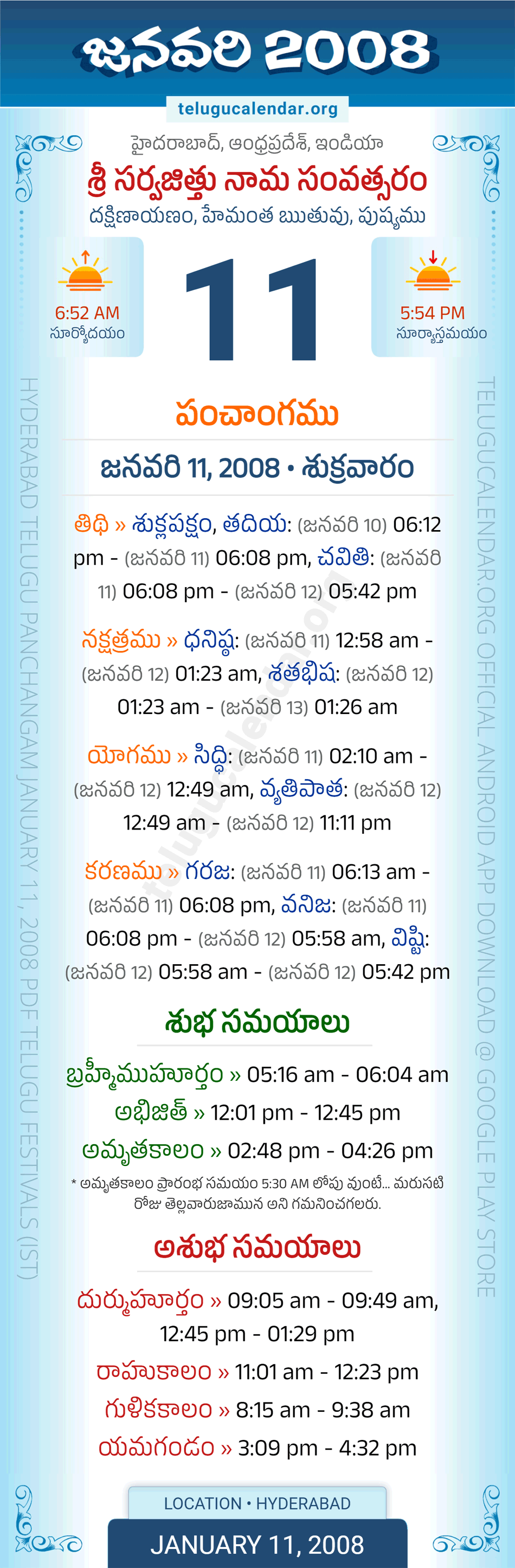 January 11, 2008 Telugu Calendar Panchangam Daily