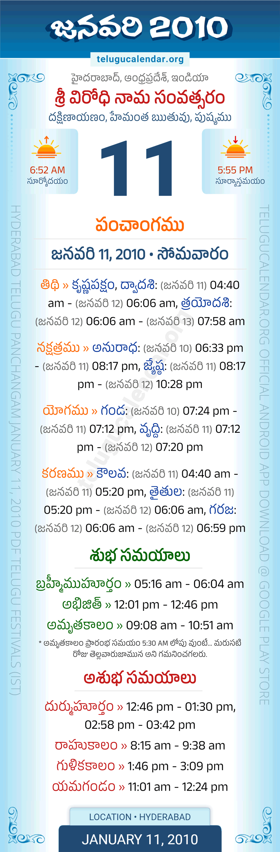 January 11, 2010 Telugu Calendar Panchangam Daily