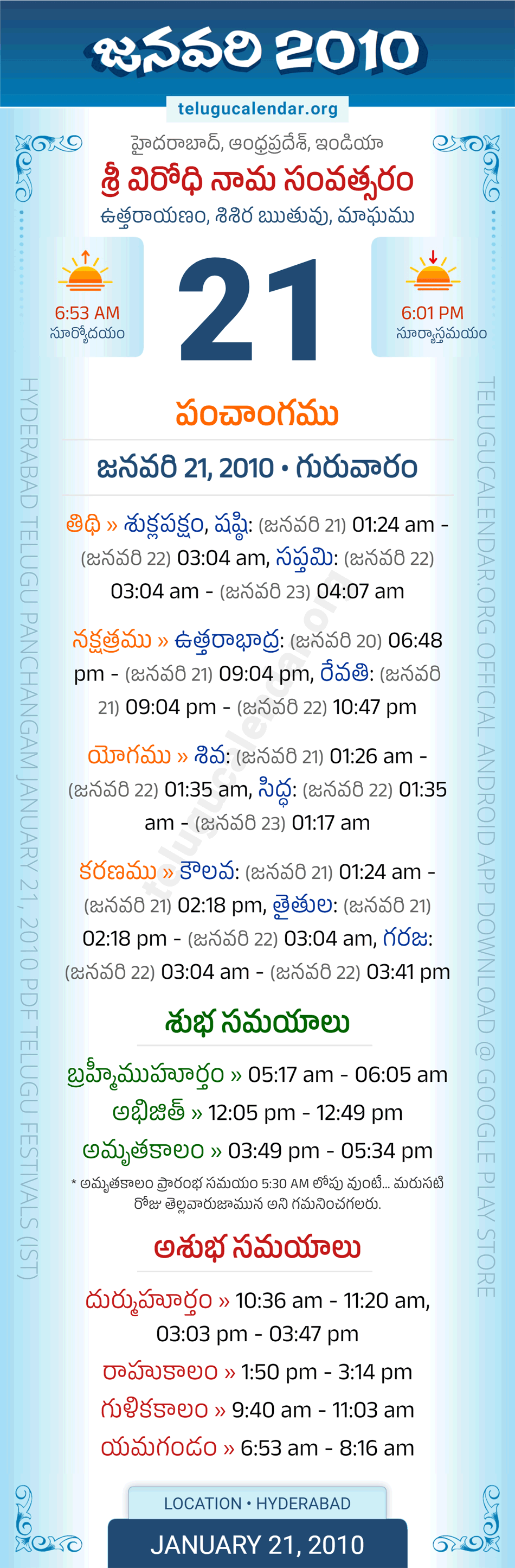 January 21, 2010 Telugu Calendar Panchangam Daily