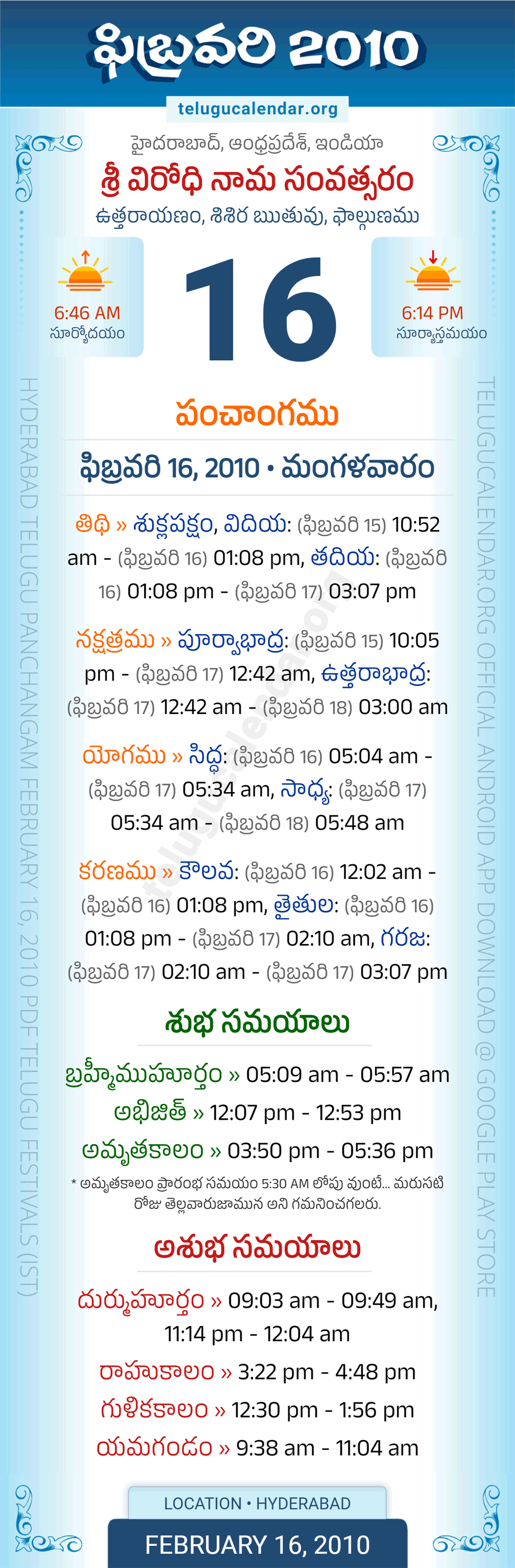 February 16, 2010 Telugu Calendar Panchangam Daily
