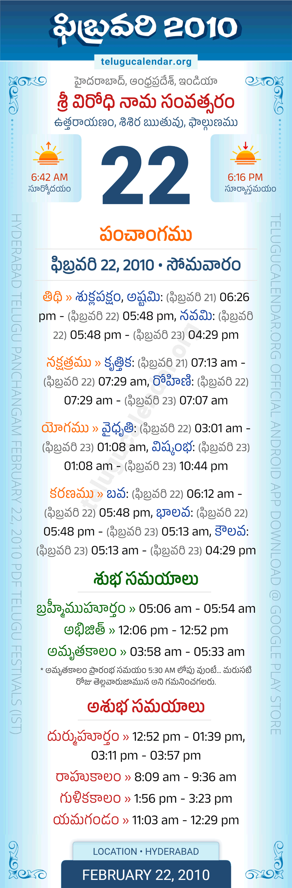 February 22, 2010 Telugu Calendar Panchangam Daily