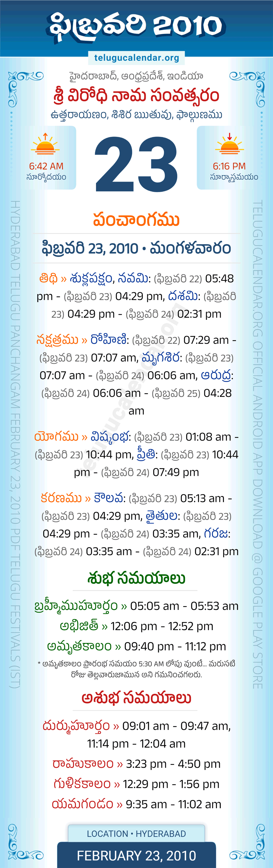 February 23, 2010 Telugu Calendar Panchangam Daily