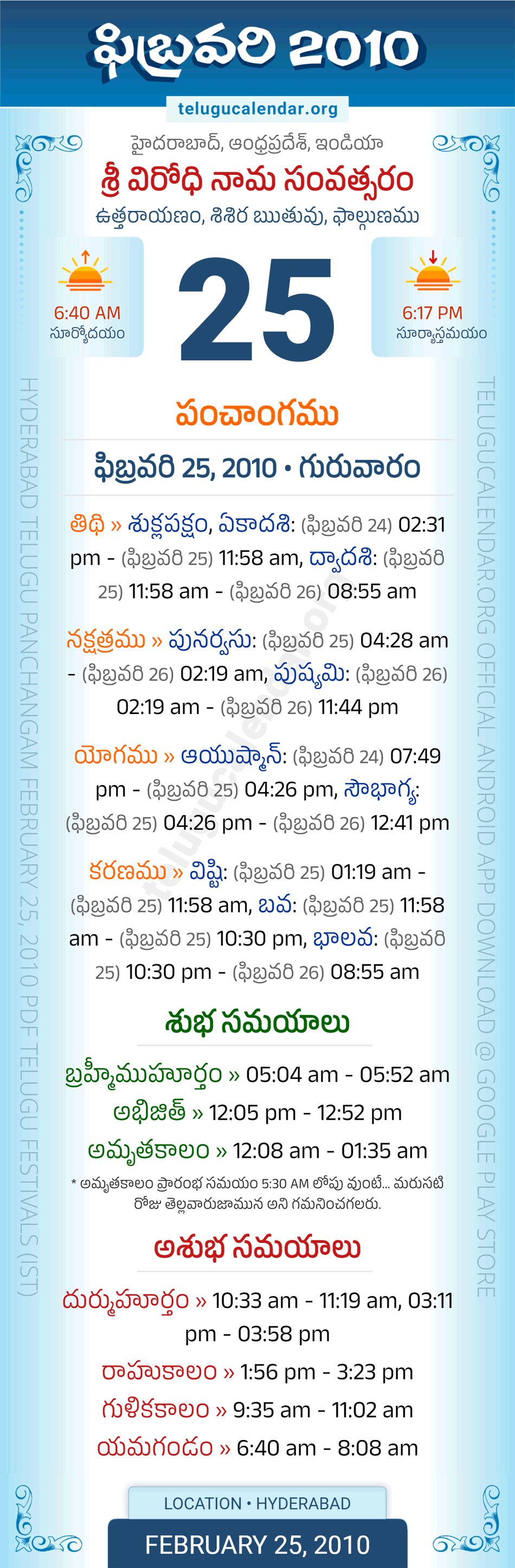 February 25, 2010 Telugu Calendar Panchangam Daily