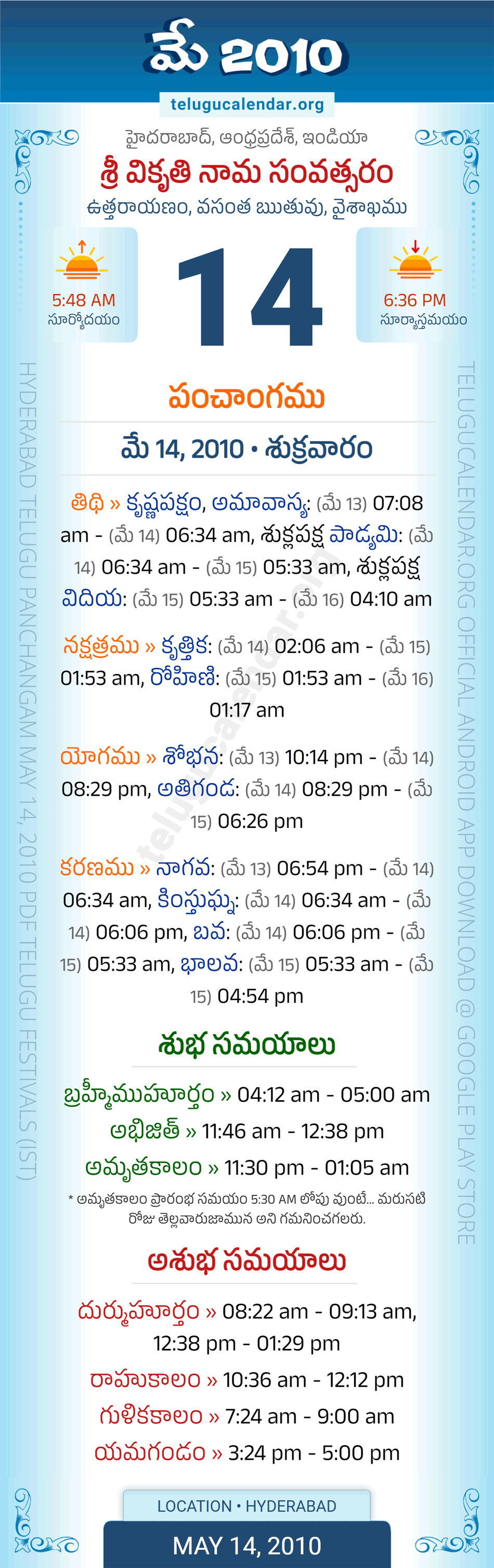 May 14, 2010 Telugu Calendar Panchangam Daily