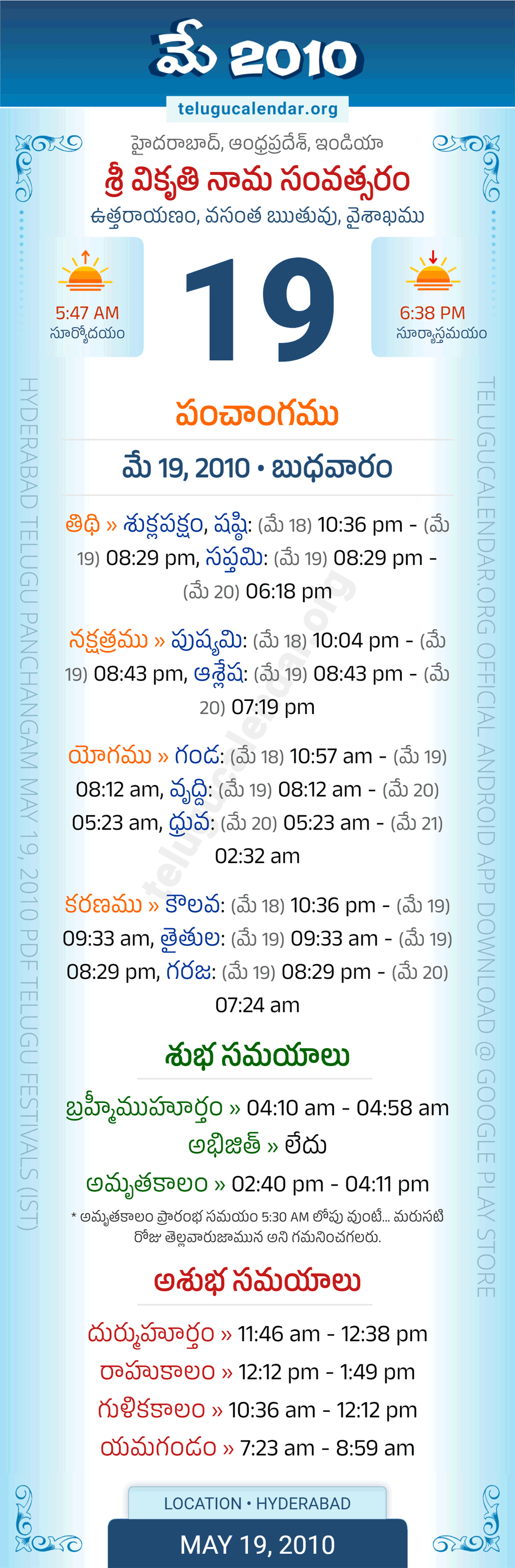 May 19, 2010 Telugu Calendar Panchangam Daily