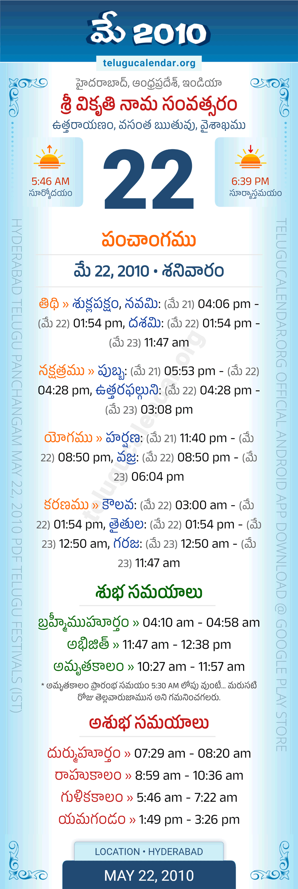 May 22, 2010 Telugu Calendar Panchangam Daily