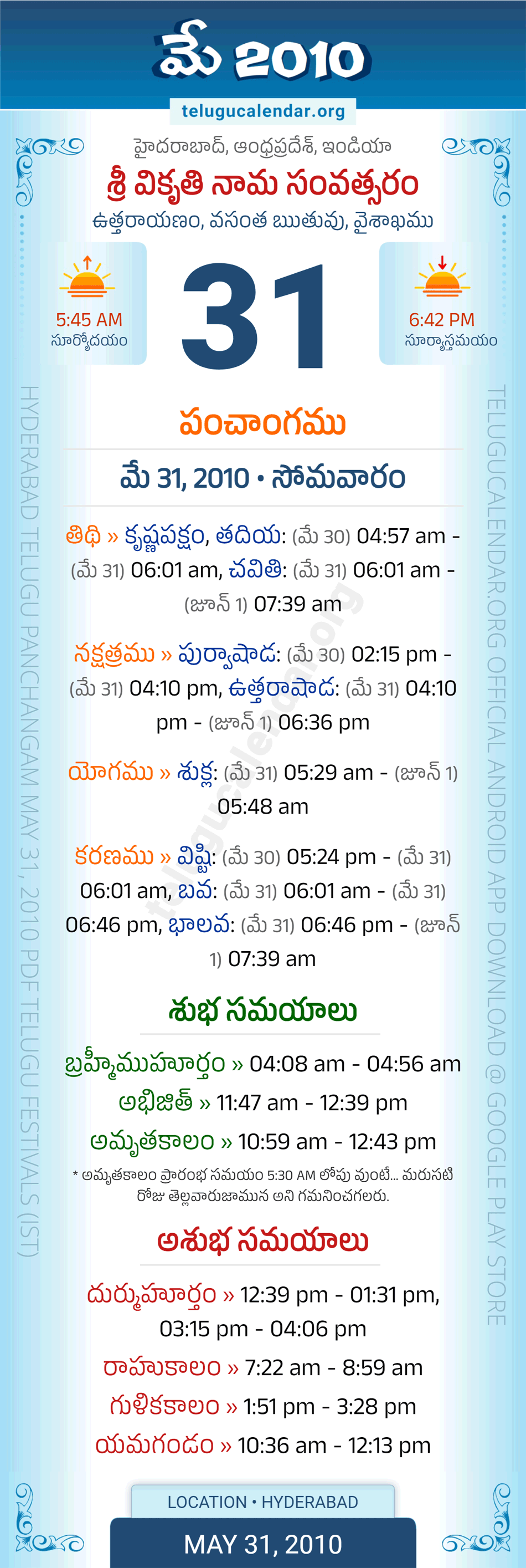 May 31, 2010 Telugu Calendar Panchangam Daily