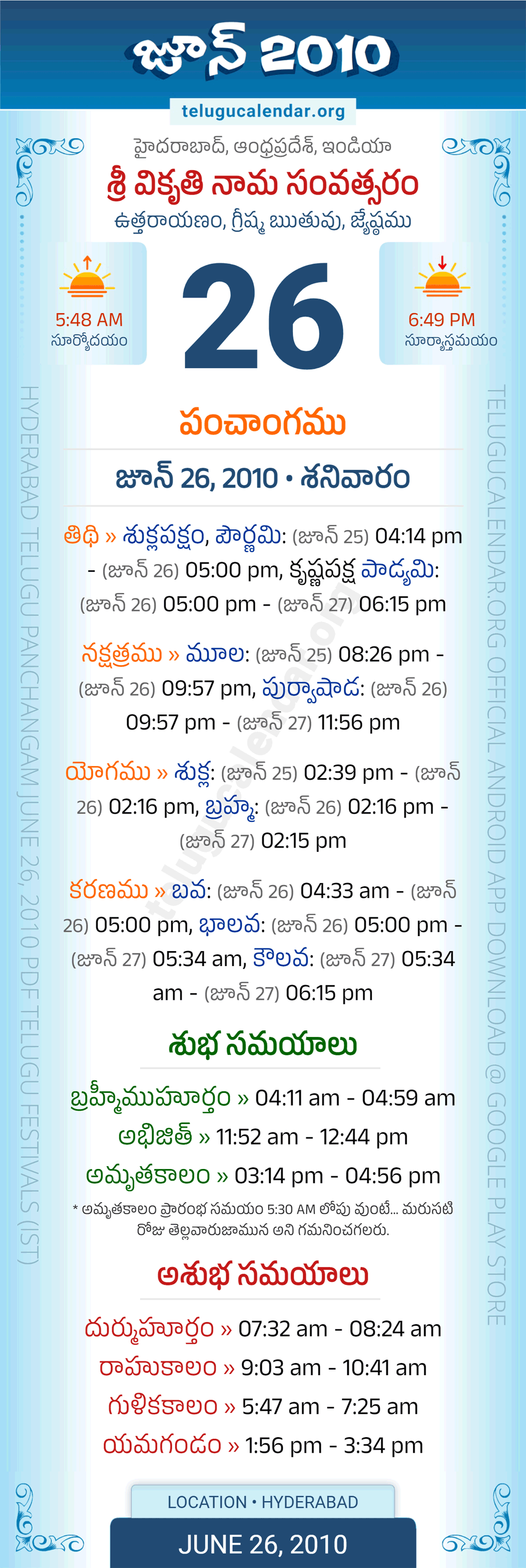 June 26, 2010 Telugu Calendar Panchangam Daily