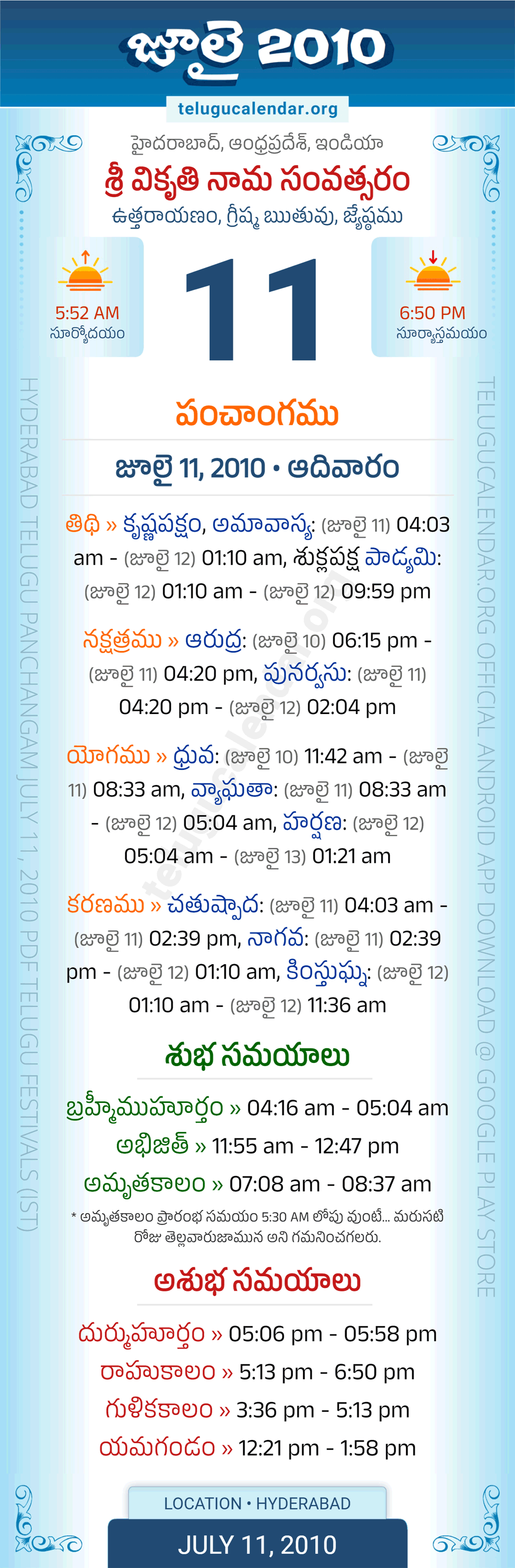 July 11, 2010 Telugu Calendar Panchangam Daily
