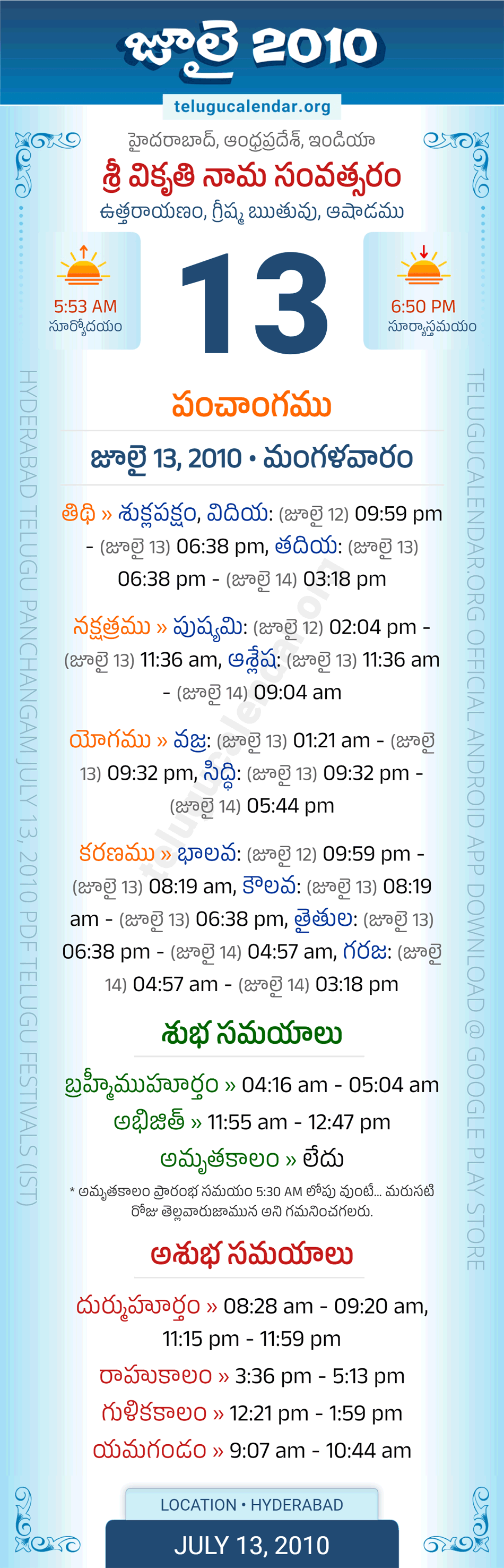 July 13, 2010 Telugu Calendar Panchangam Daily