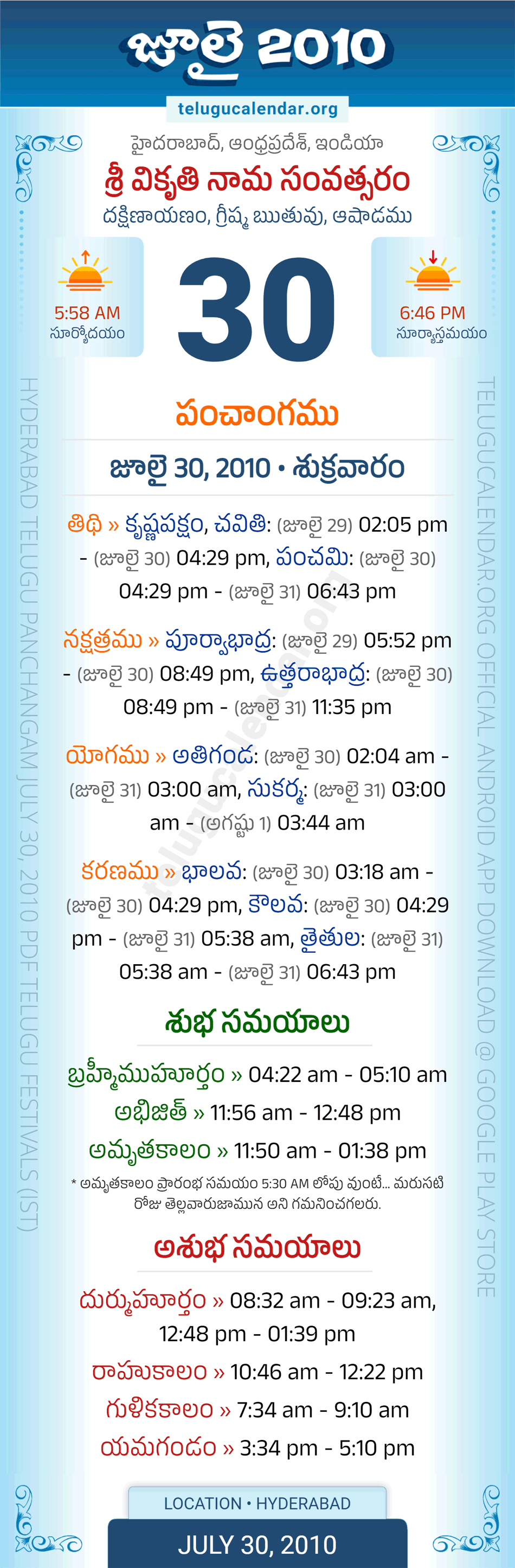 July 30, 2010 Telugu Calendar Panchangam Daily