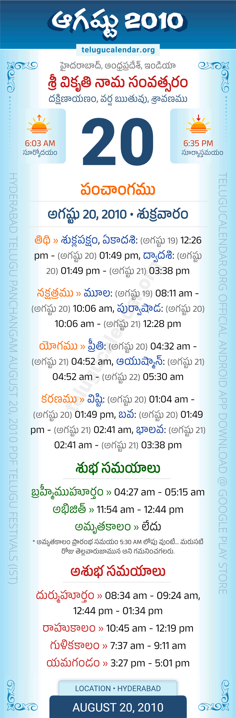 August 20, 2010 Telugu Calendar Panchangam Daily