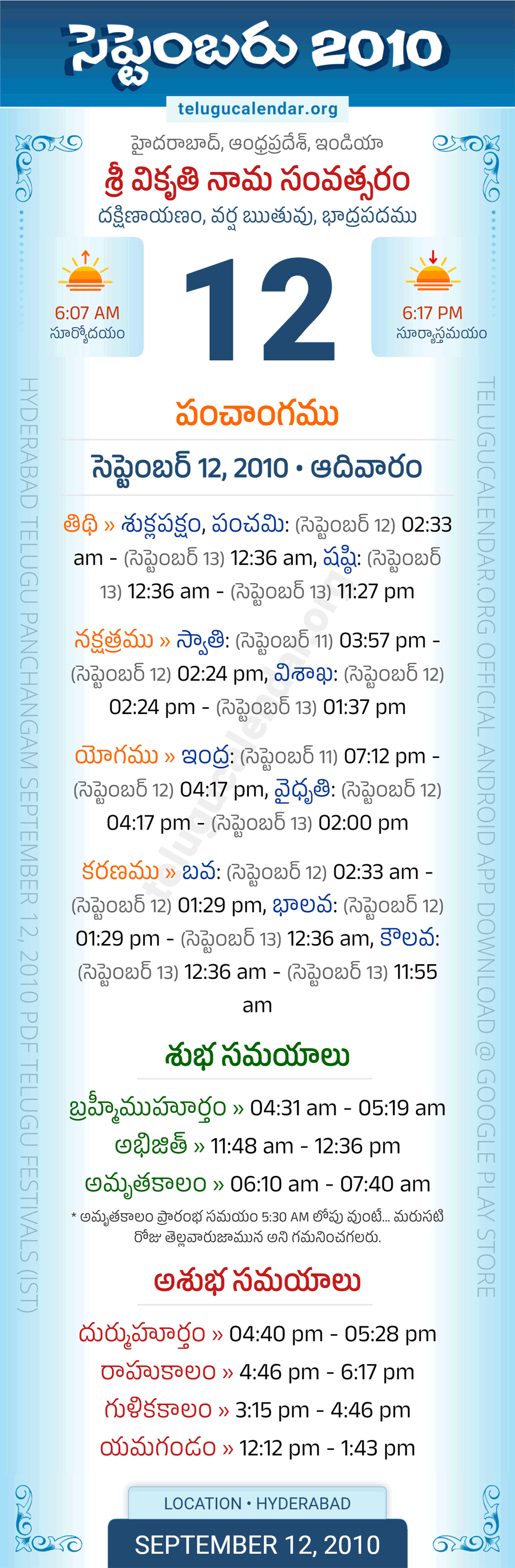 September 12, 2010 Telugu Calendar Panchangam Daily
