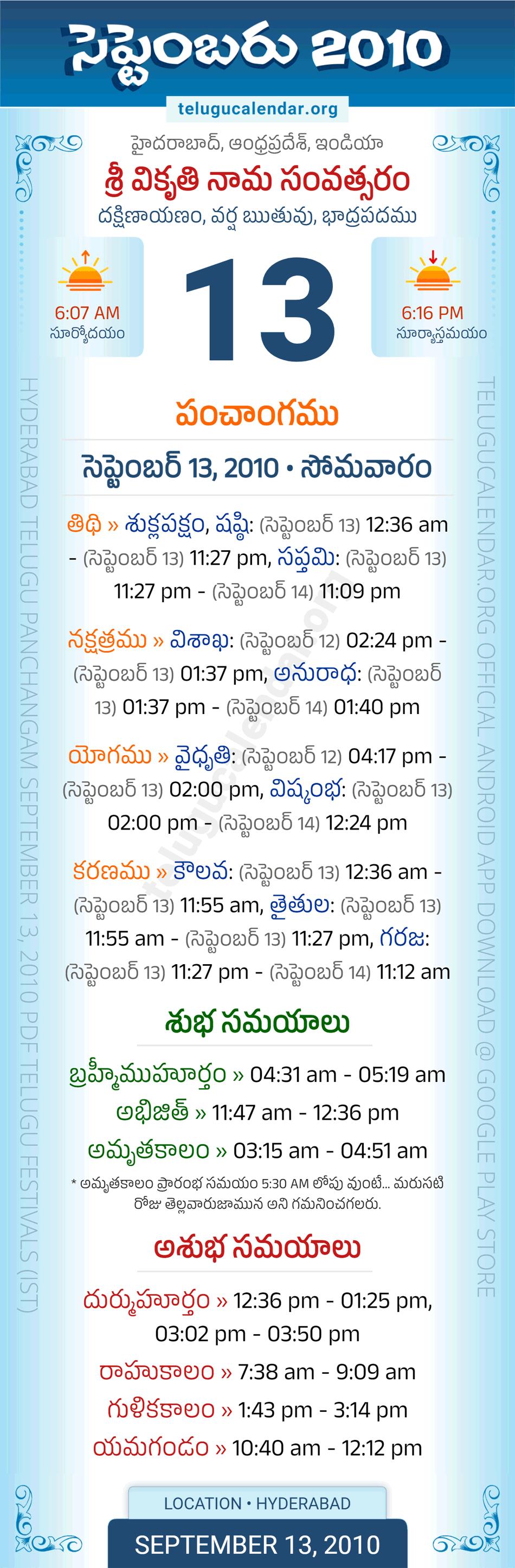 September 13, 2010 Telugu Calendar Panchangam Daily