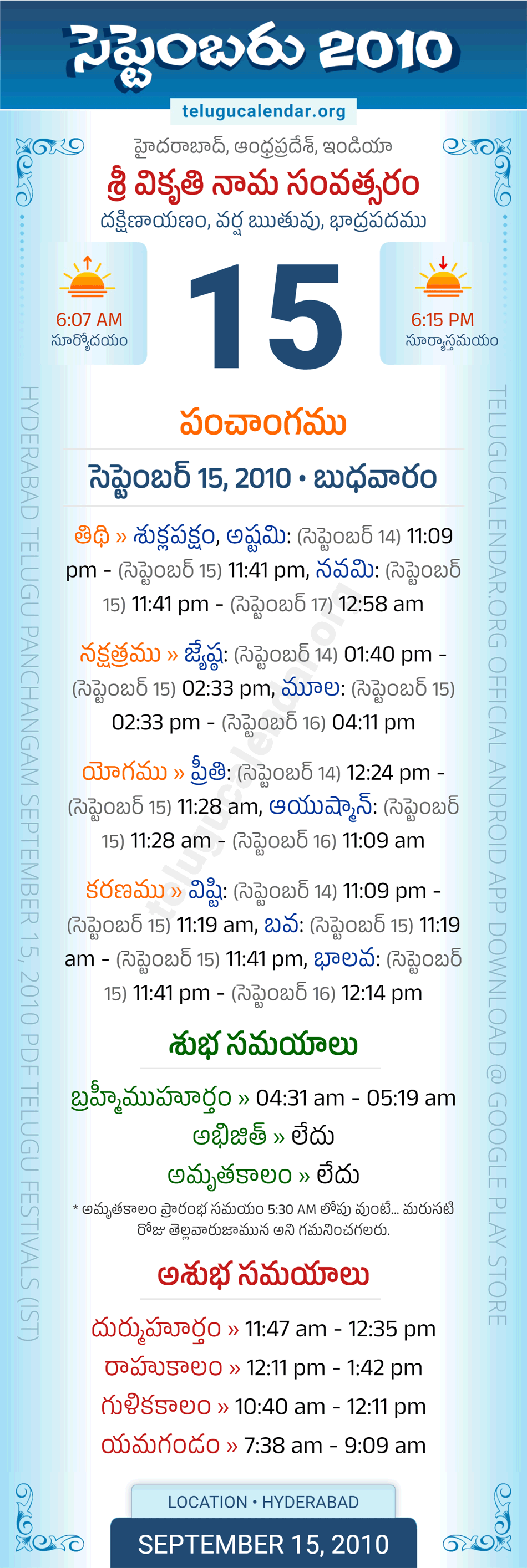 September 15, 2010 Telugu Calendar Panchangam Daily