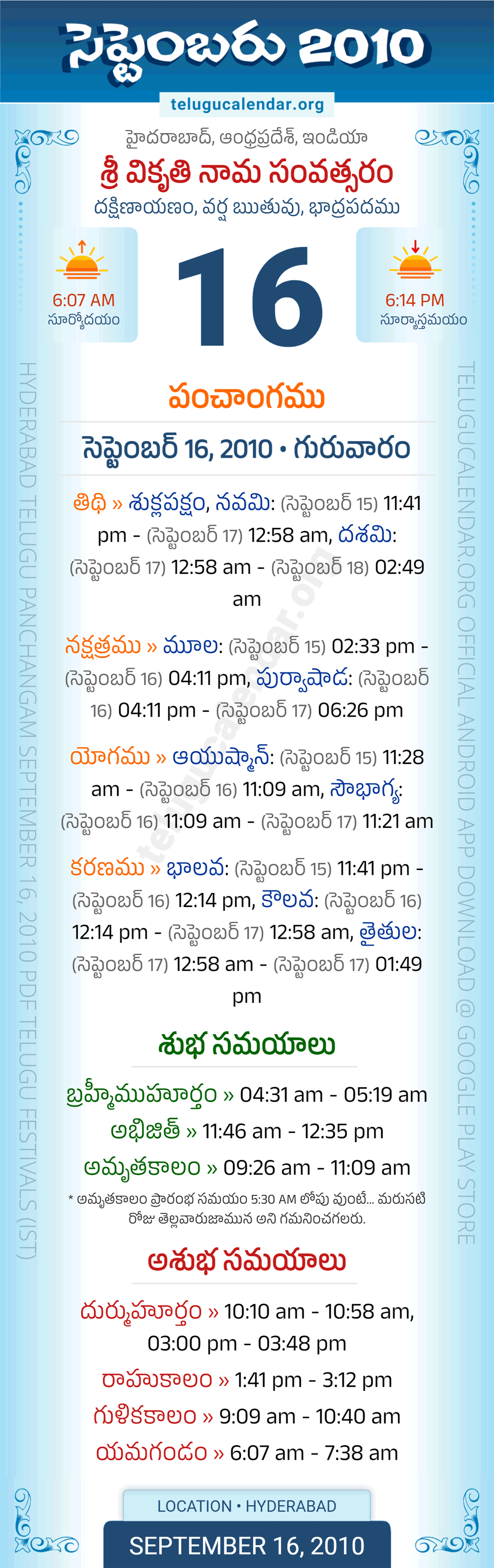 September 16, 2010 Telugu Calendar Panchangam Daily