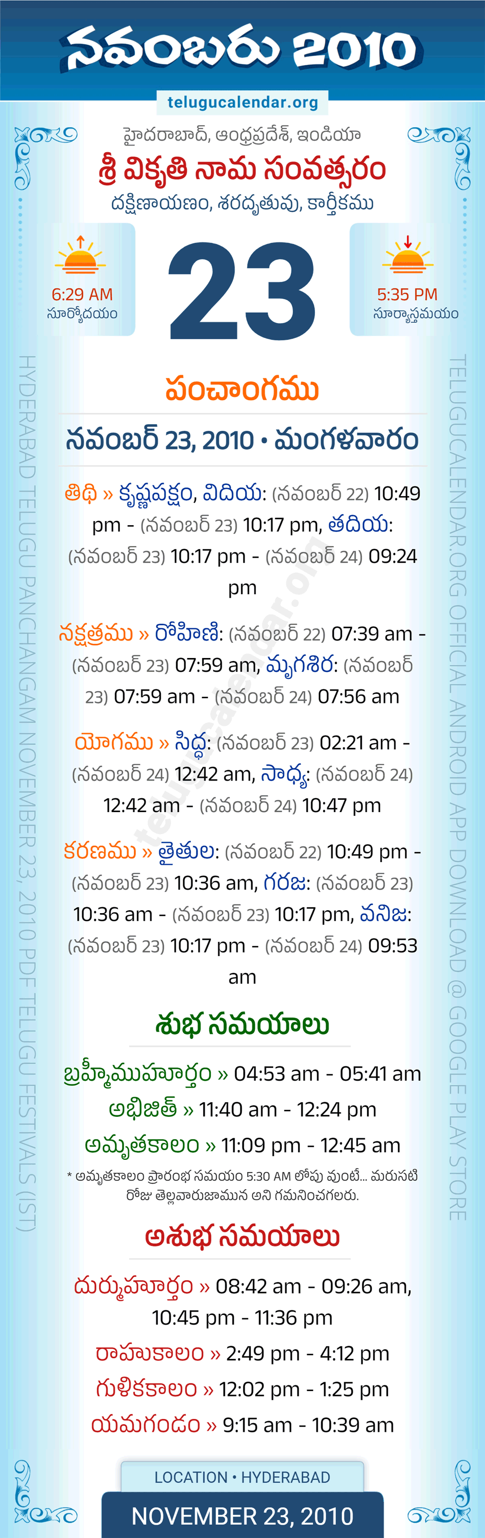November 23, 2010 Telugu Calendar Panchangam Daily