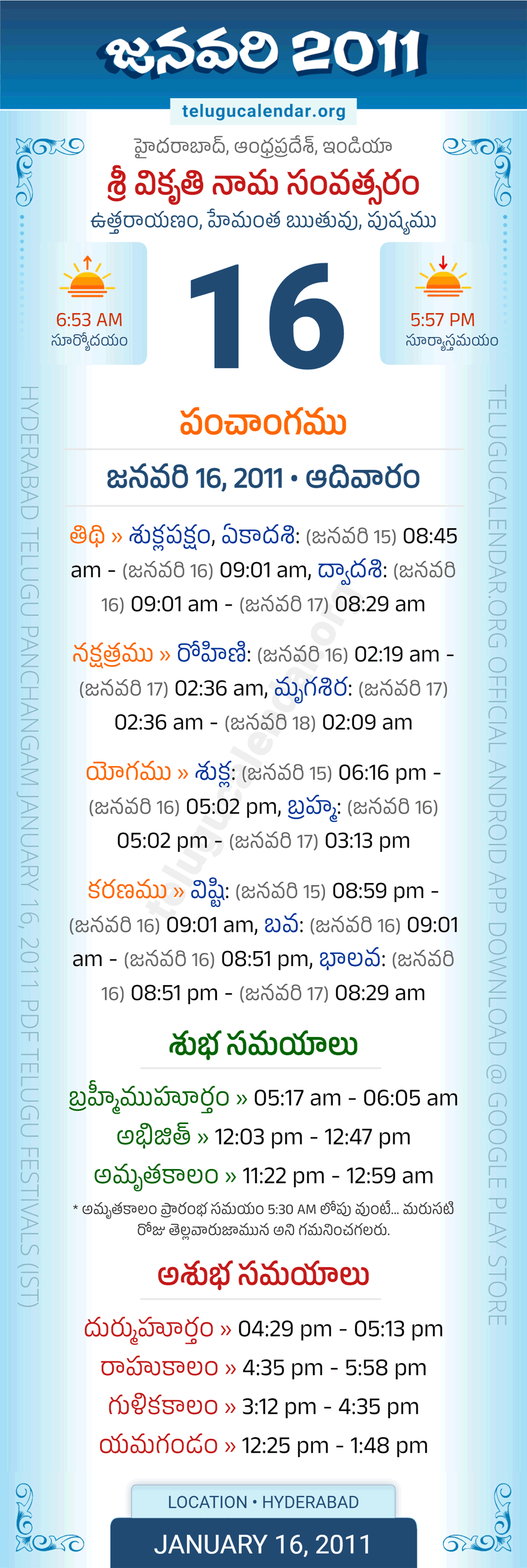 January 16, 2011 Telugu Calendar Panchangam Daily