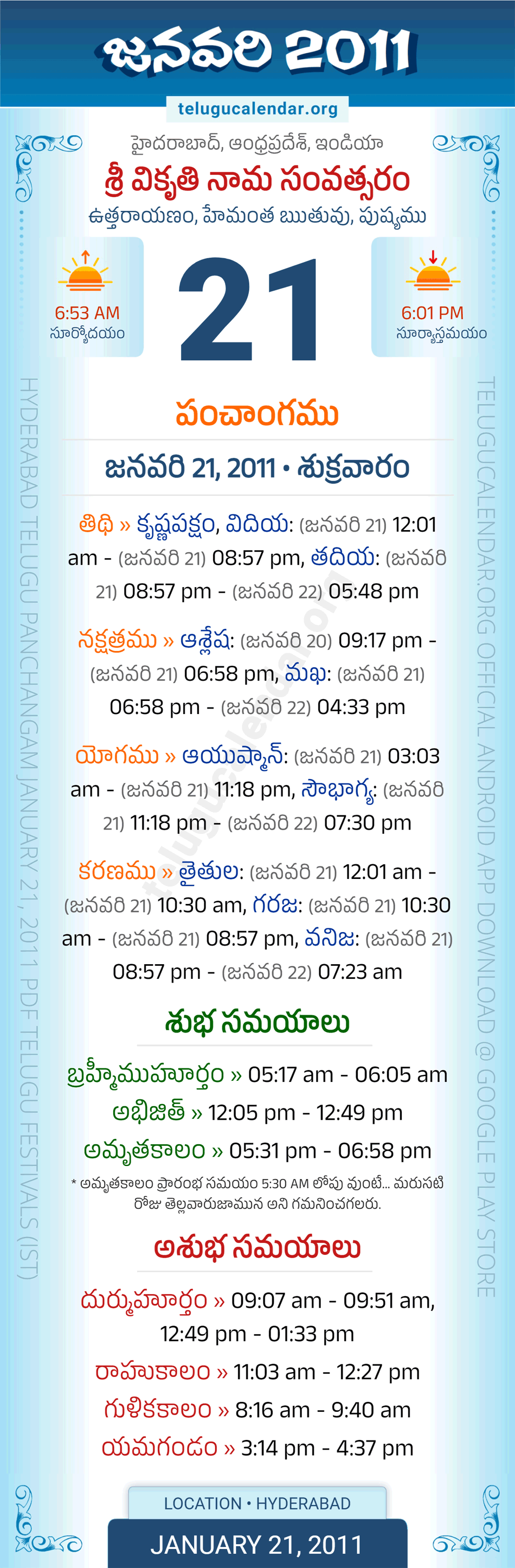 January 21, 2011 Telugu Calendar Panchangam Daily