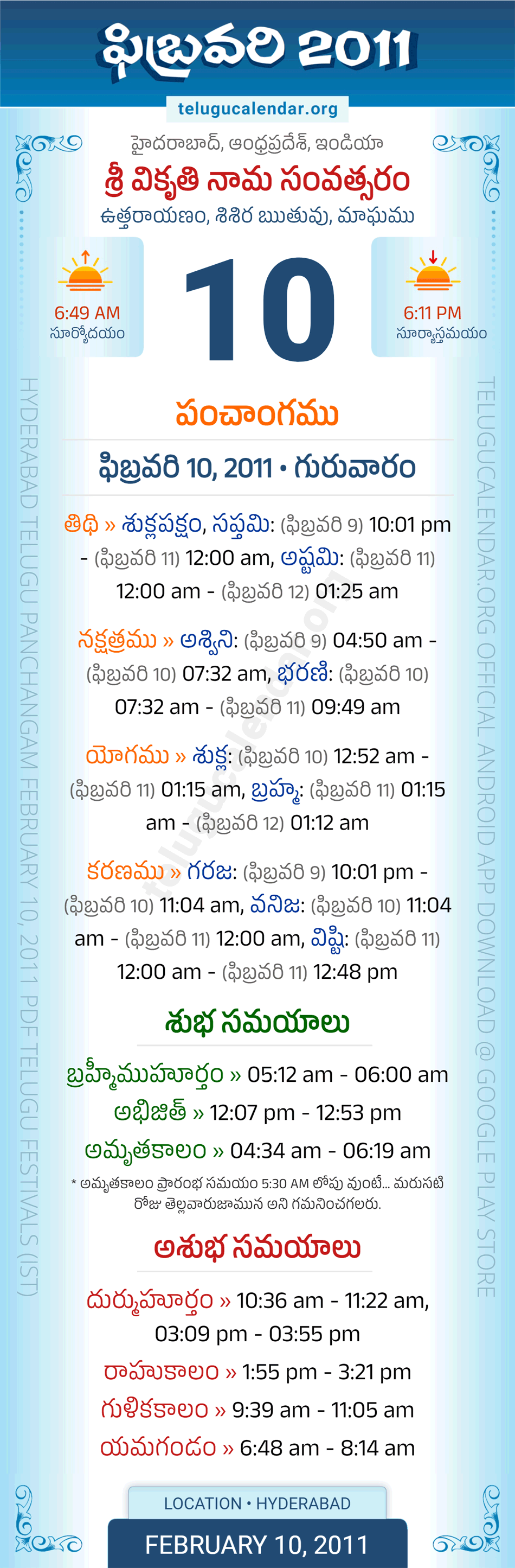 February 10, 2011 Telugu Calendar Panchangam Daily