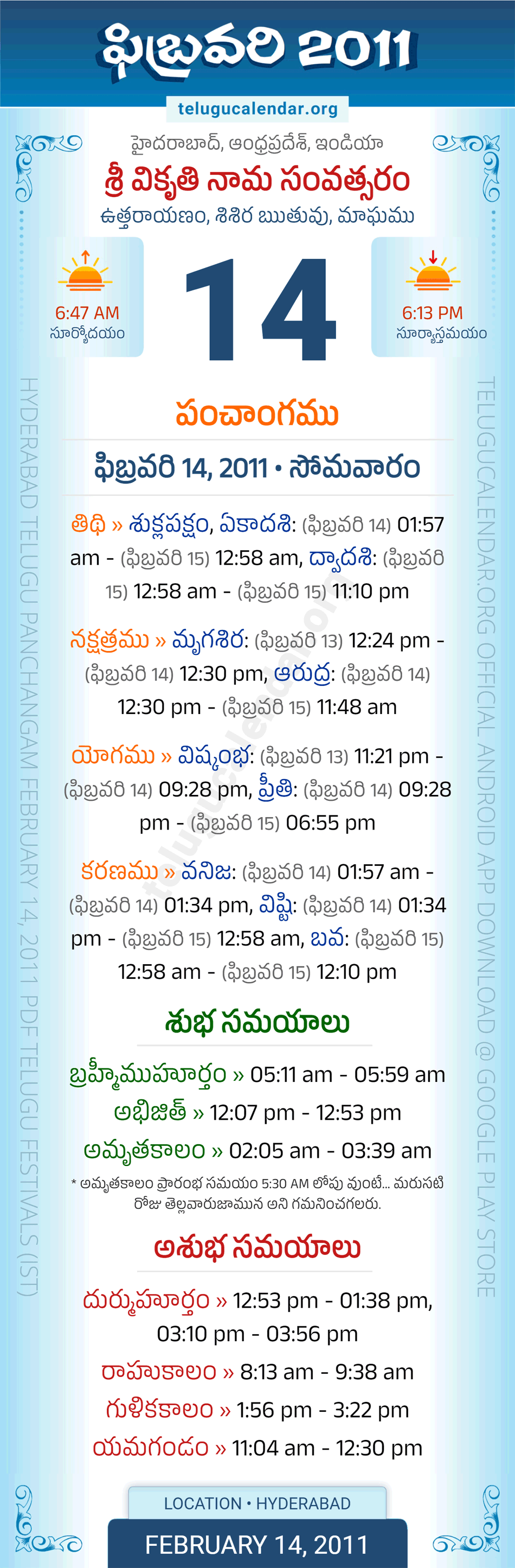 February 14, 2011 Telugu Calendar Panchangam Daily