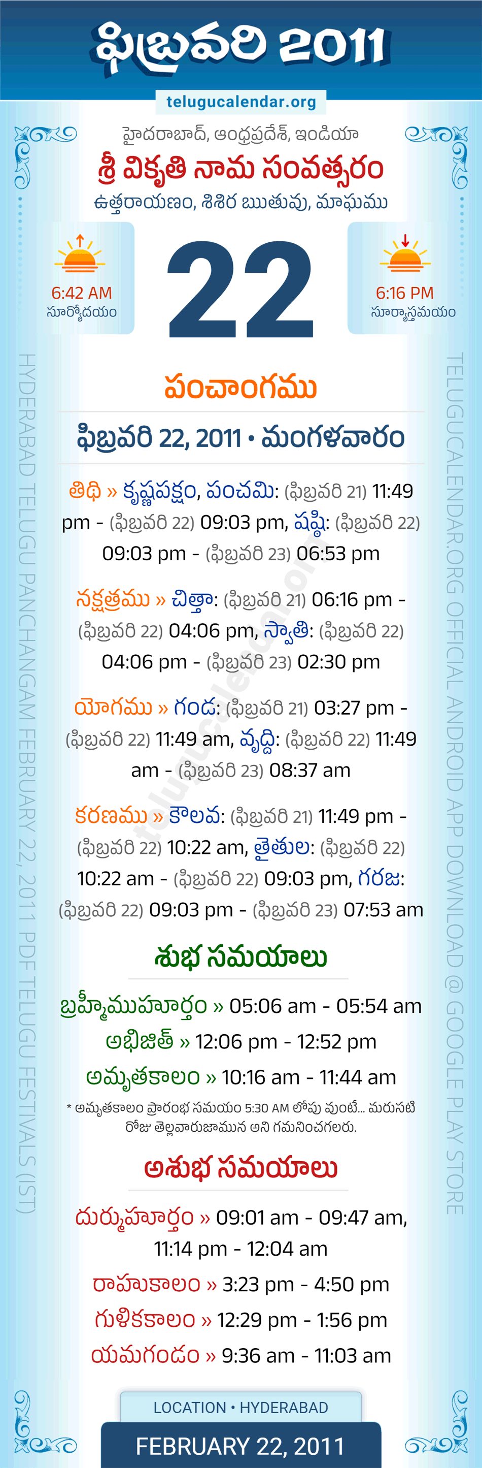 February 22, 2011 Telugu Calendar Panchangam Daily