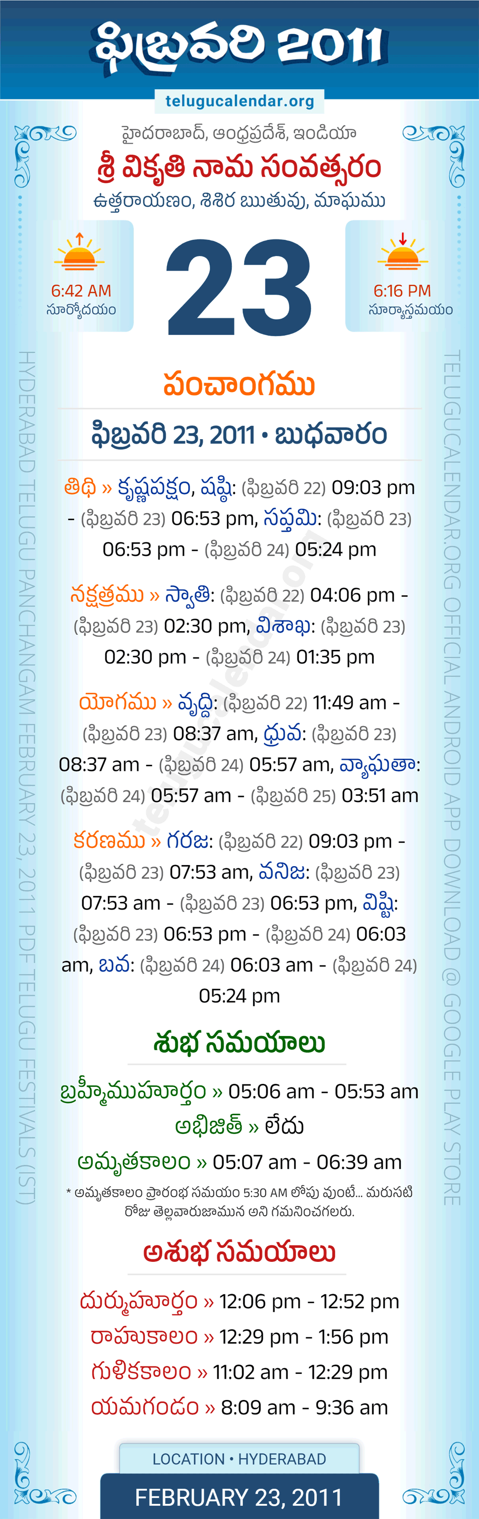 February 23, 2011 Telugu Calendar Panchangam Daily