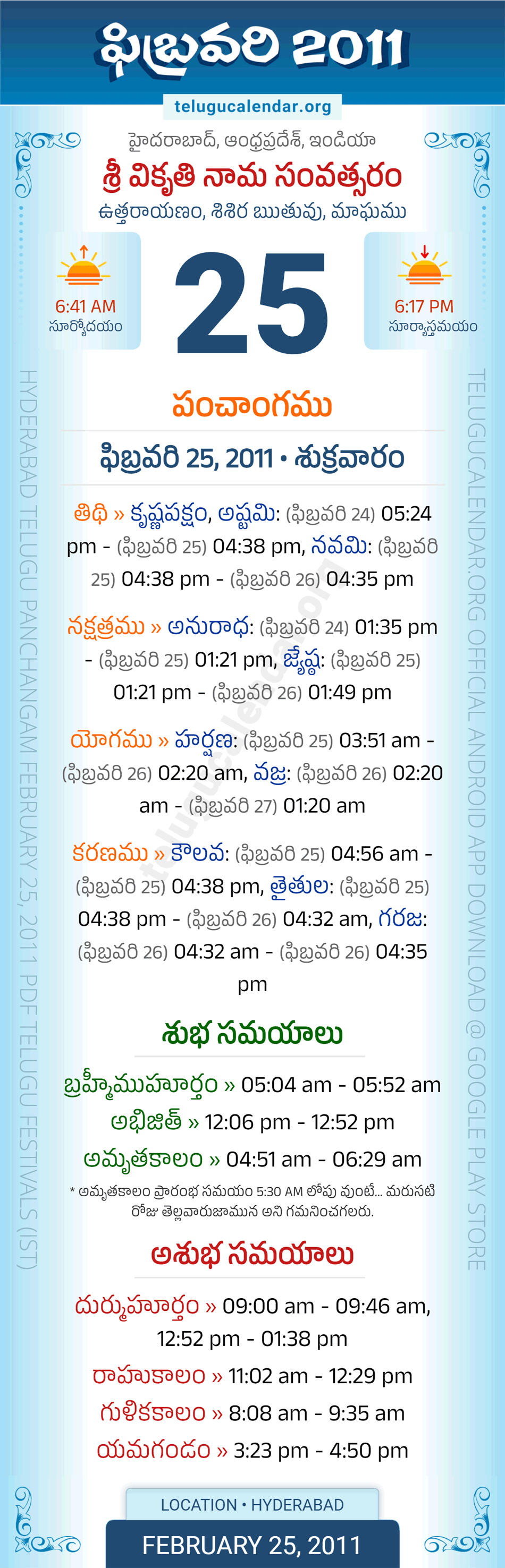 February 25, 2011 Telugu Calendar Panchangam Daily