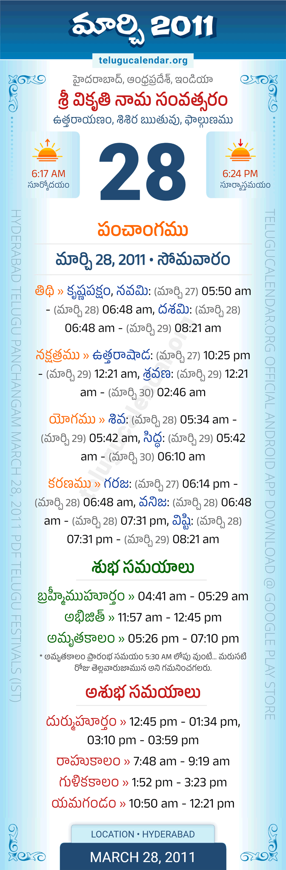 March 28, 2011 Telugu Calendar Panchangam Daily