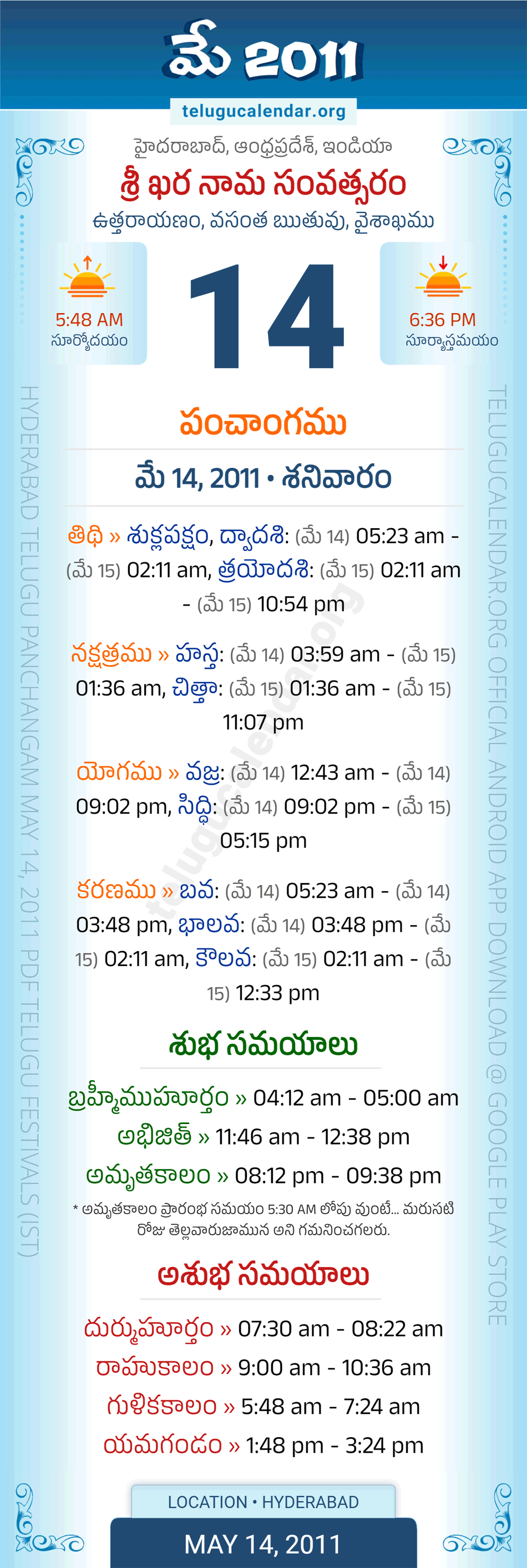 May 14, 2011 Telugu Calendar Panchangam Daily