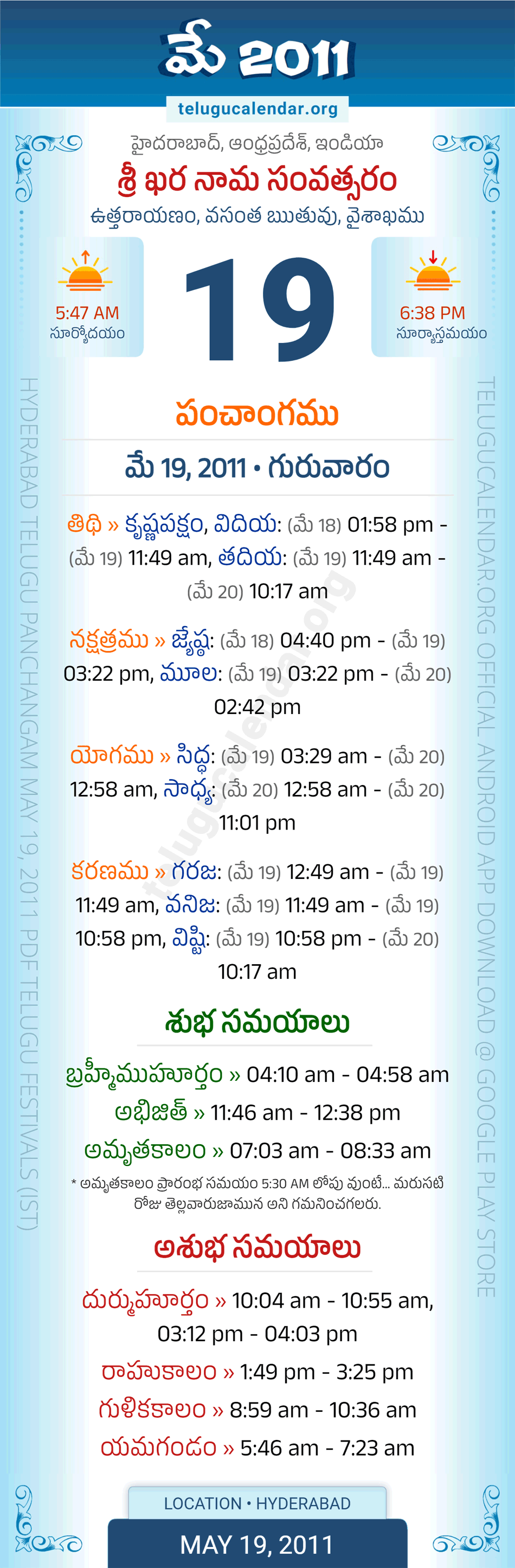 May 19, 2011 Telugu Calendar Panchangam Daily