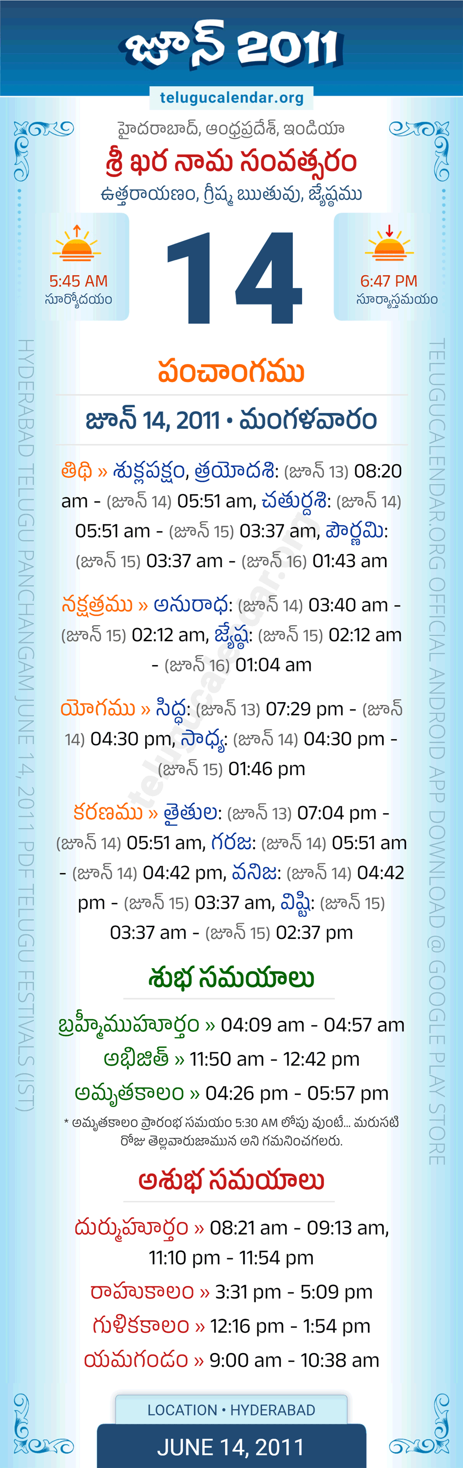 June 14, 2011 Telugu Calendar Panchangam Daily