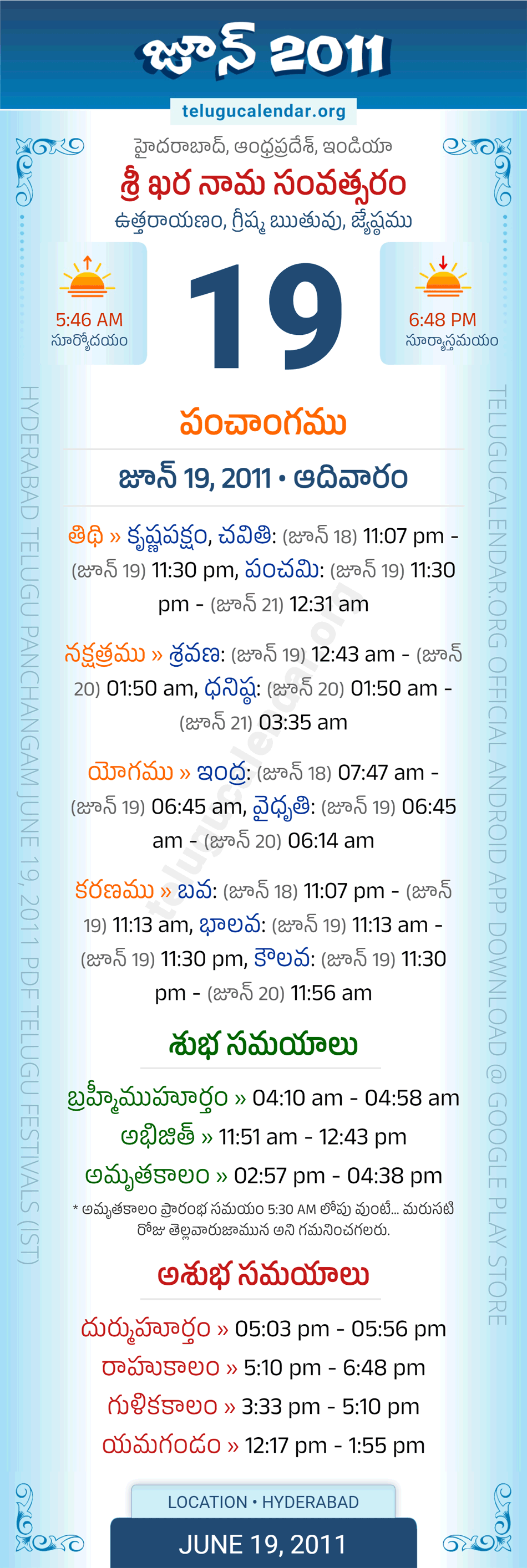 June 19, 2011 Telugu Calendar Panchangam Daily