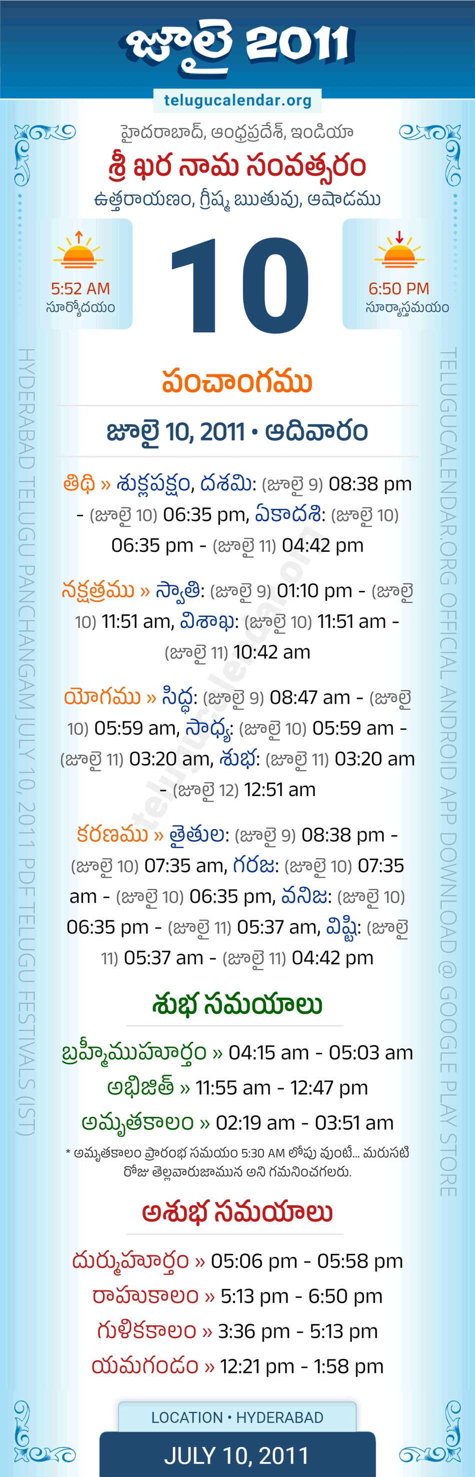 July 10, 2011 Telugu Calendar Panchangam Daily