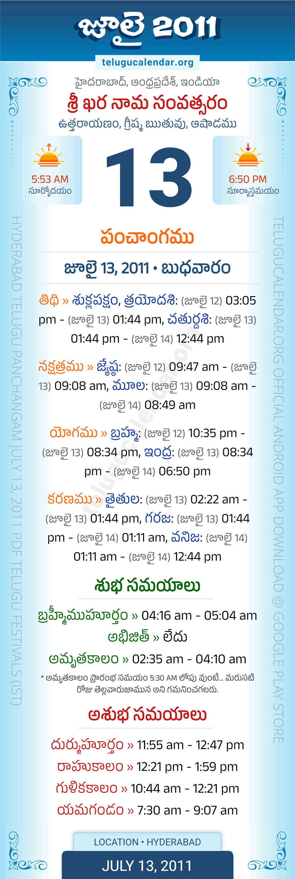 July 13, 2011 Telugu Calendar Panchangam Daily