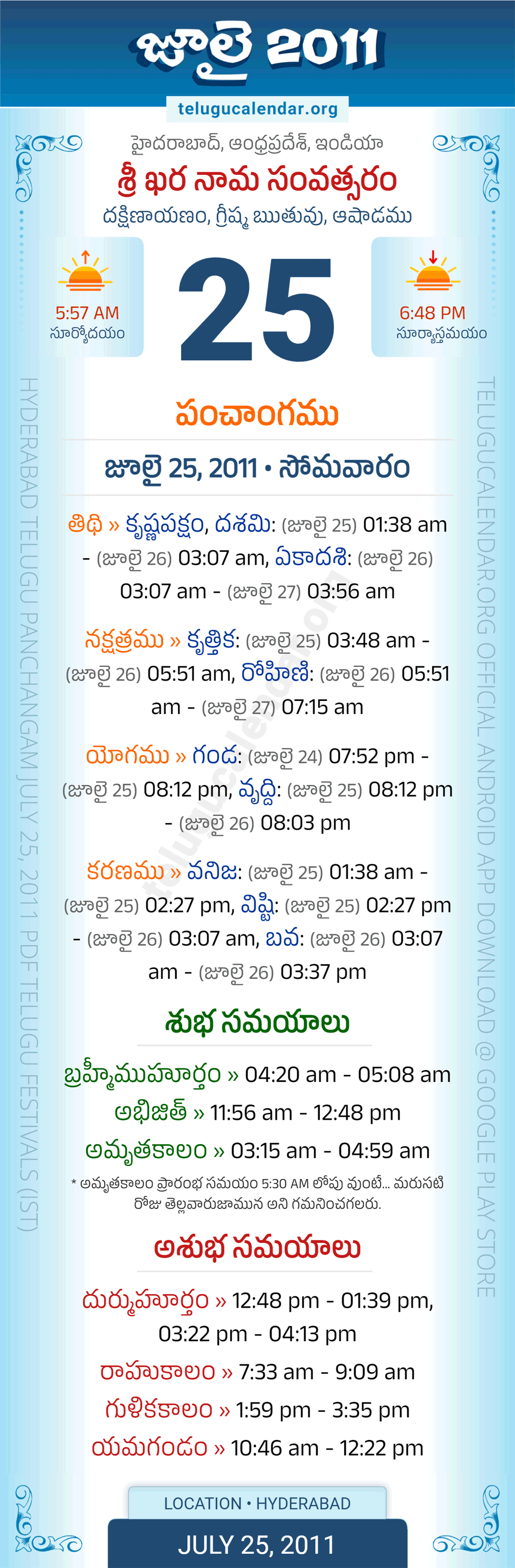 July 25, 2011 Telugu Calendar Panchangam Daily