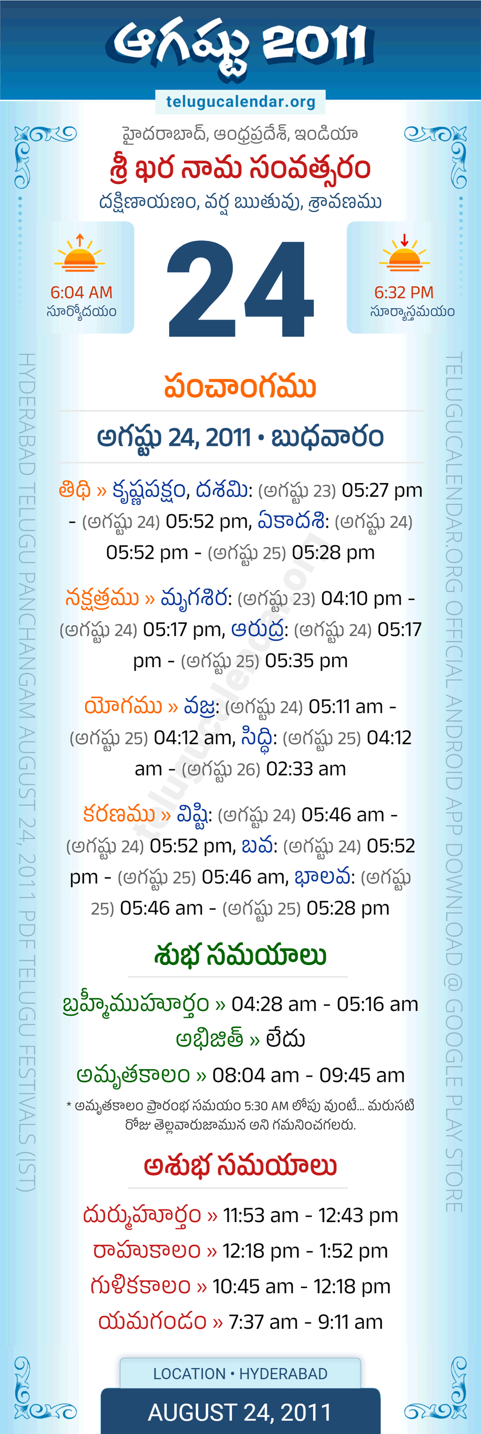 August 24, 2011 Telugu Calendar Panchangam Daily
