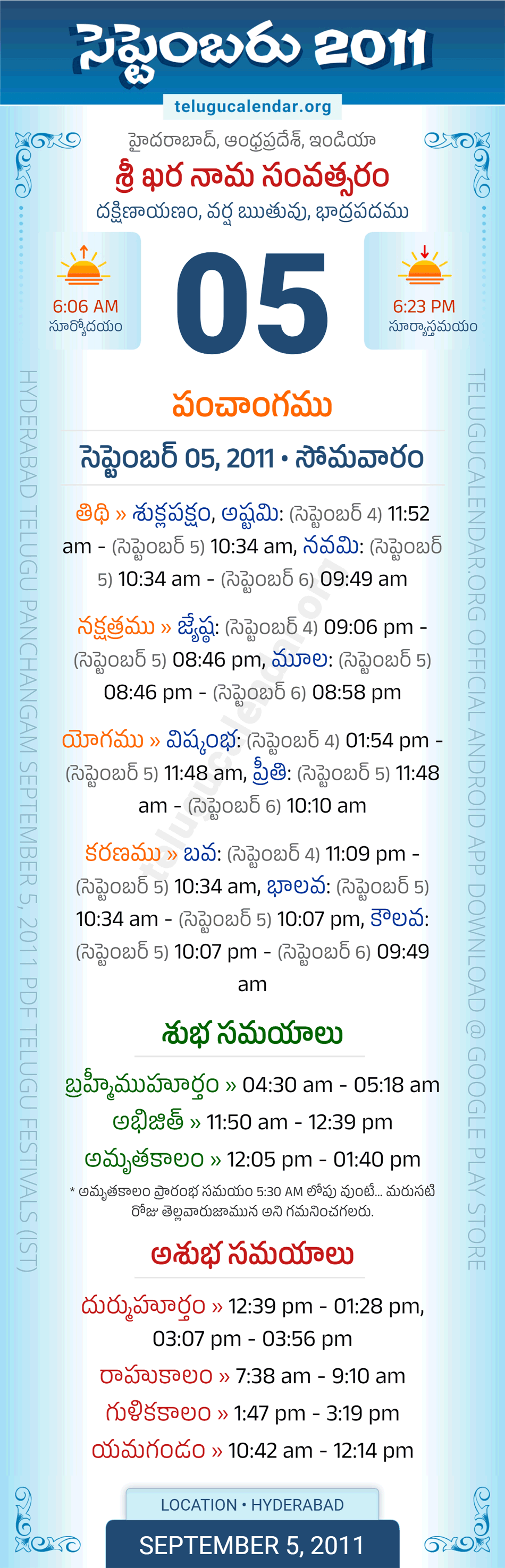 September 5, 2011 Telugu Calendar Panchangam Daily