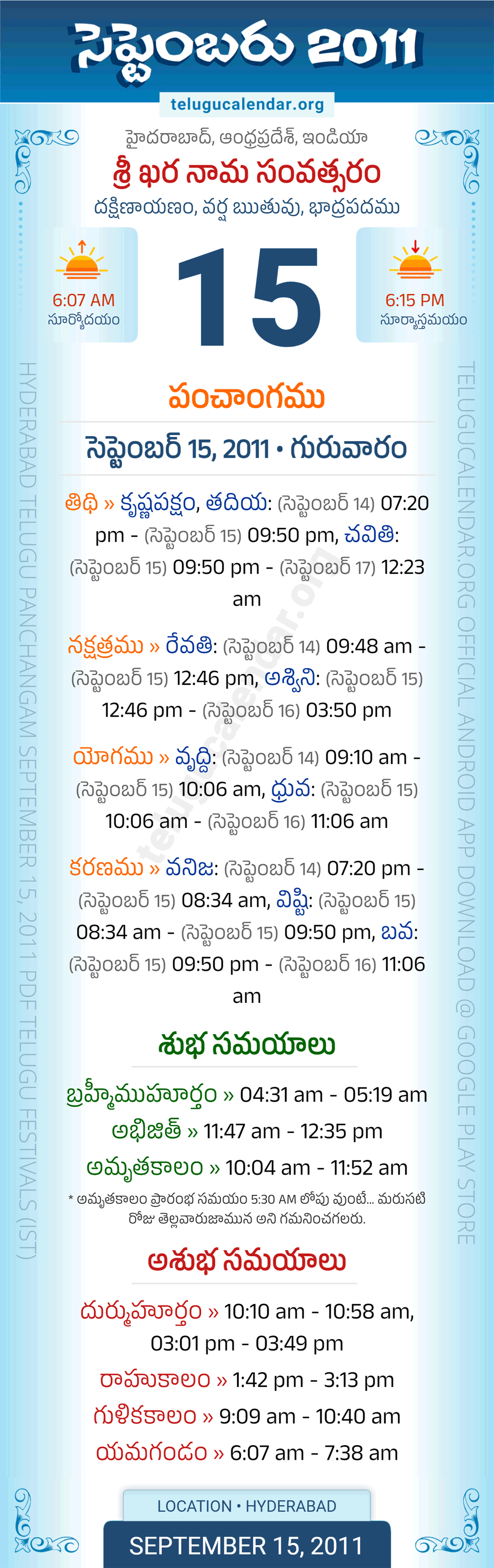 September 15, 2011 Telugu Calendar Panchangam Daily