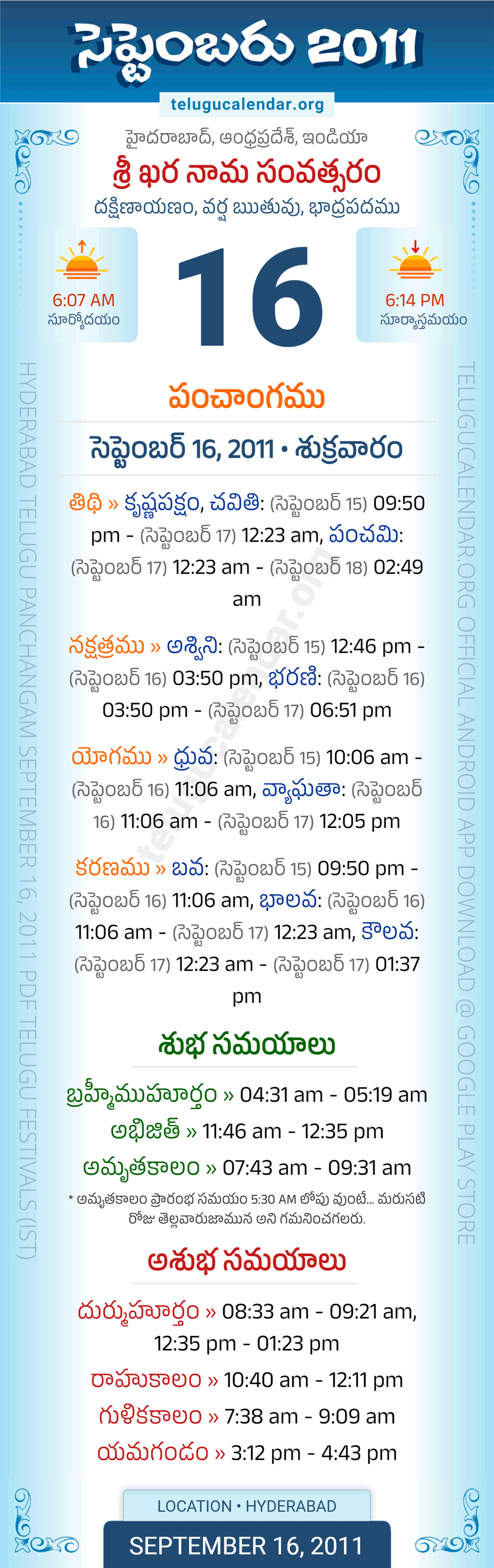 September 16, 2011 Telugu Calendar Panchangam Daily