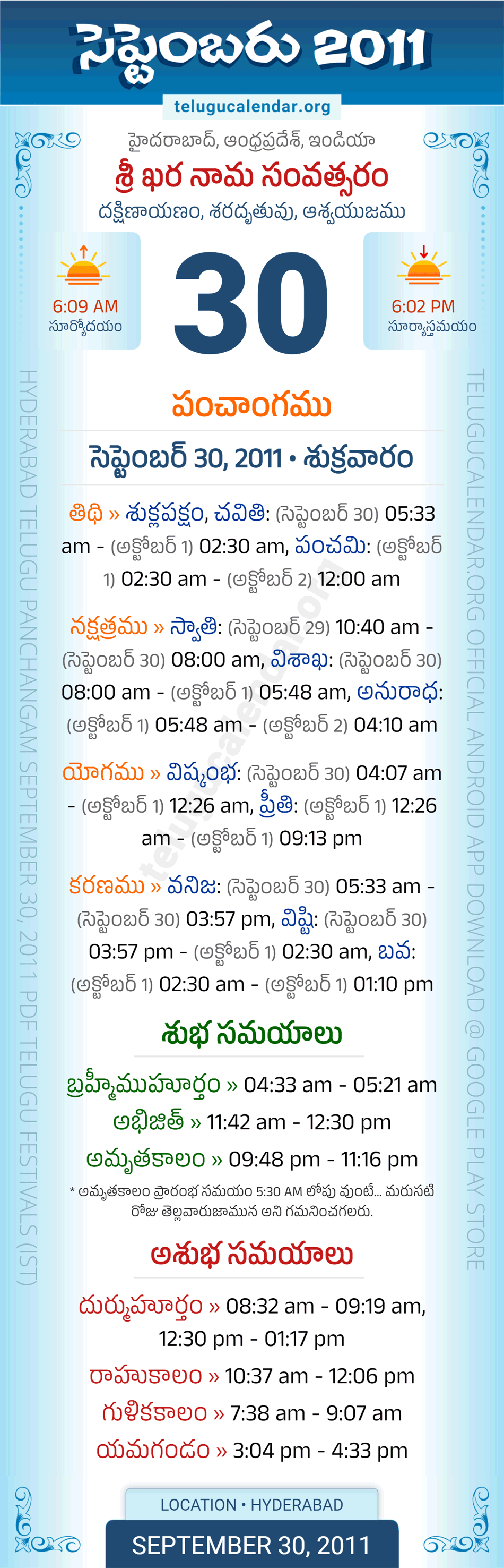September 30, 2011 Telugu Calendar Panchangam Daily