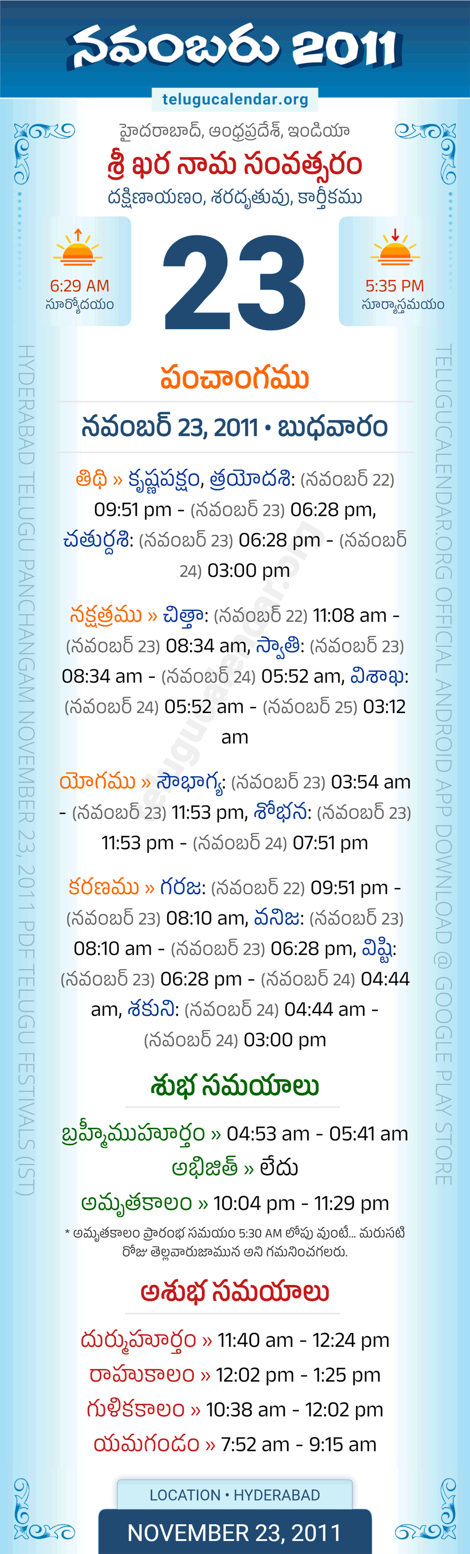 November 23, 2011 Telugu Calendar Panchangam Daily