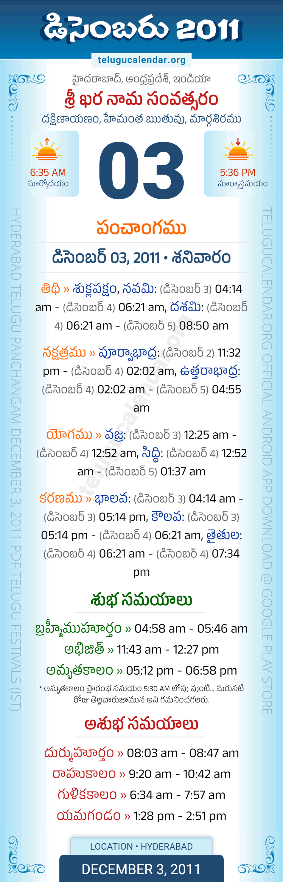 December 3, 2011 Telugu Calendar Panchangam Daily