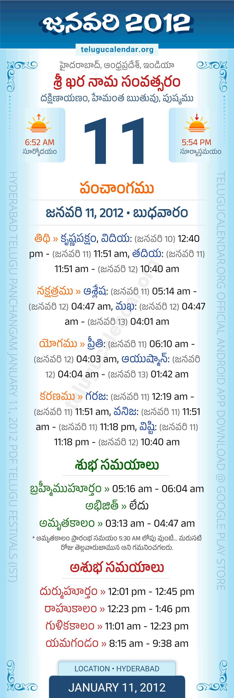 January 11, 2012 Telugu Calendar Panchangam Daily