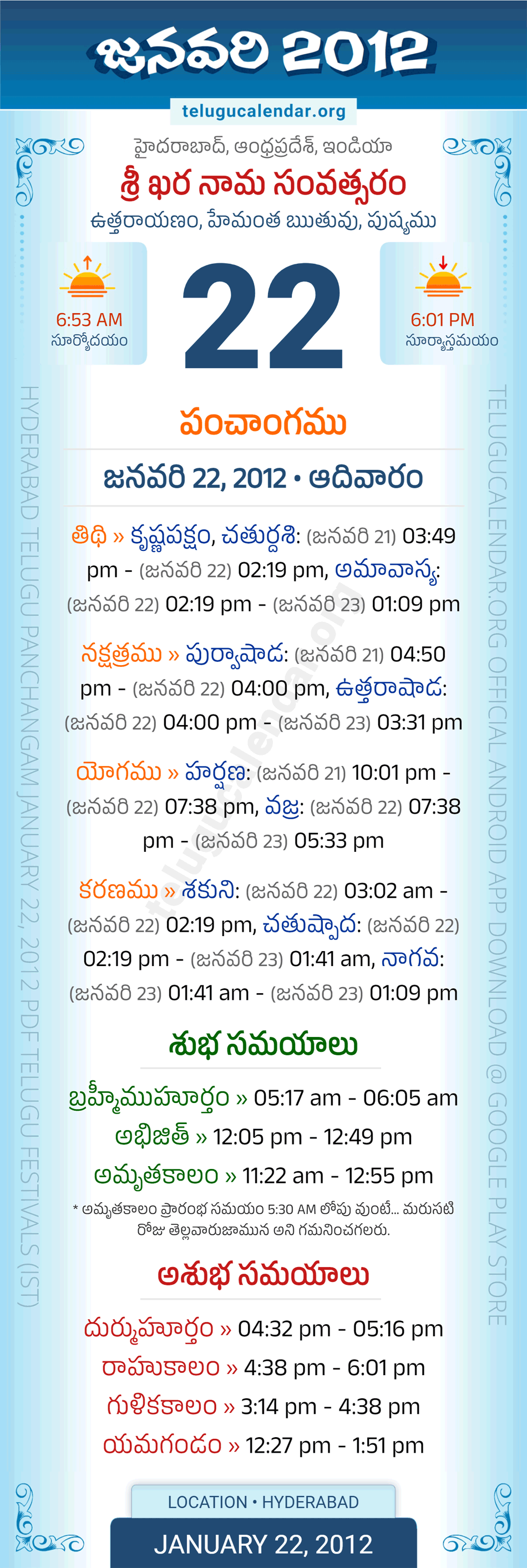 January 22, 2012 Telugu Calendar Panchangam Daily