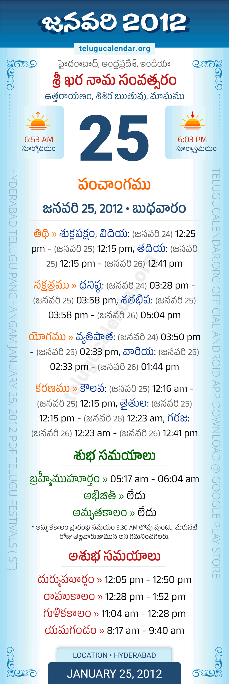 January 25, 2012 Telugu Calendar Panchangam Daily